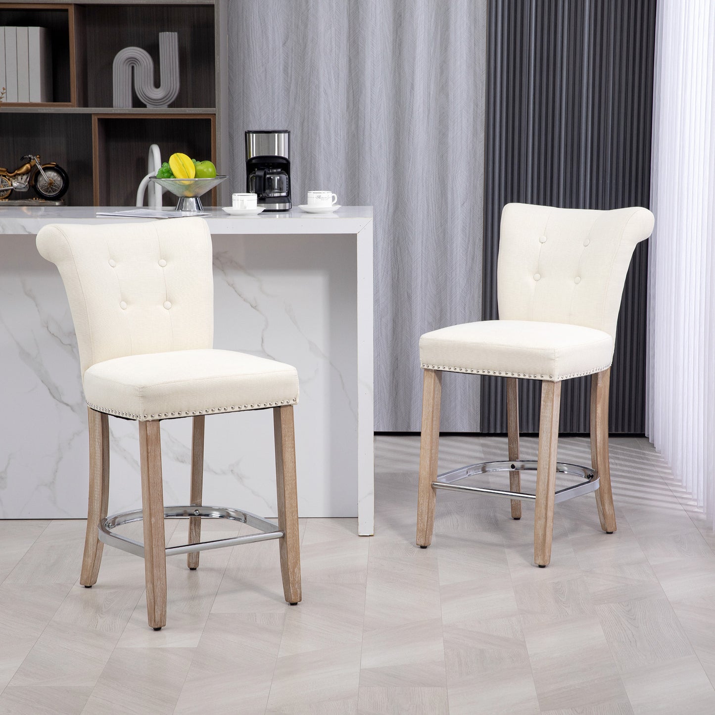 Upholstered Counter Stools with Button Tufted Back and Wood Legs, Cream White (Set of 2)