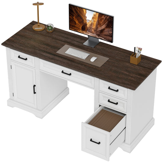 58" Farmhouse Home Office Desk with Soft-Close Drawers, White