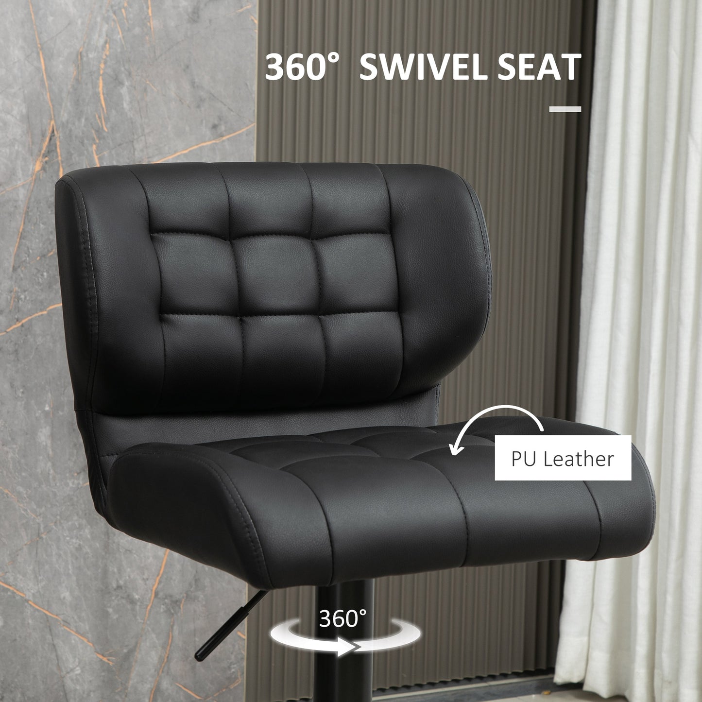 Adjustable Height Swivel Bar Stools with Tufted PU Leather, Black (Set of 2)