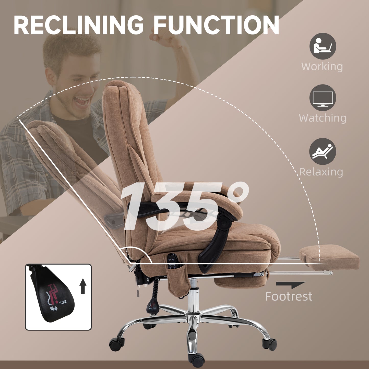 Heated Massage Office Chair with Reclining Function and Footrest, Brown