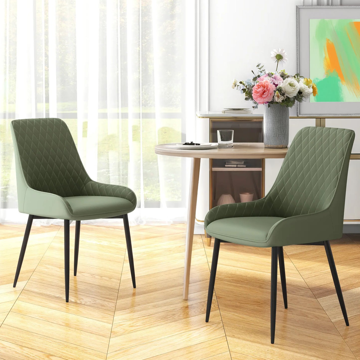 PU Leather Dining Chairs with Diamond Tufting and Metal Legs, Green (Set of 2)