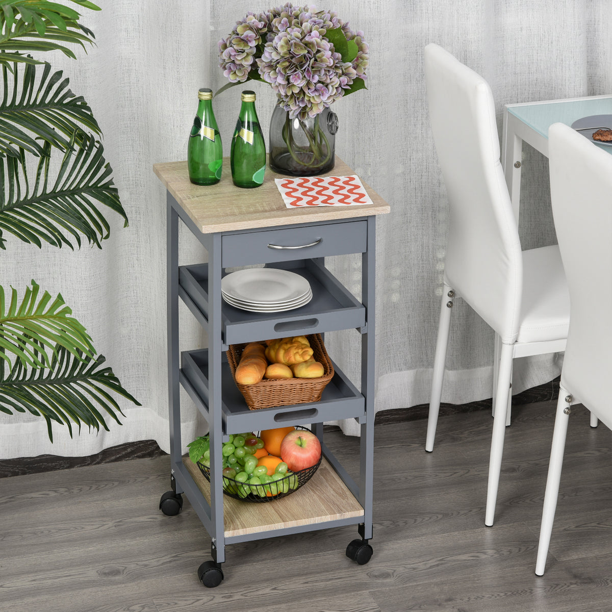 Rolling Kitchen Serving Cart with Drawer, Grey