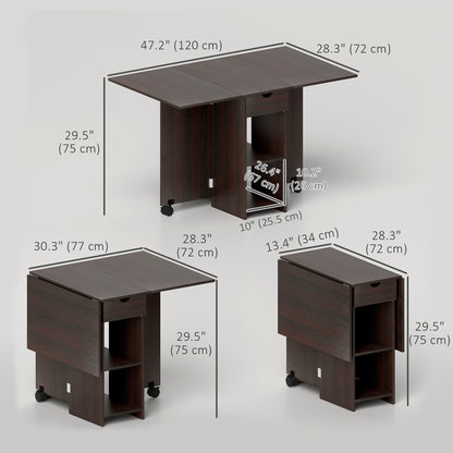 Folding Dining Table with Drawer and Storage Shelves - Dark Brown