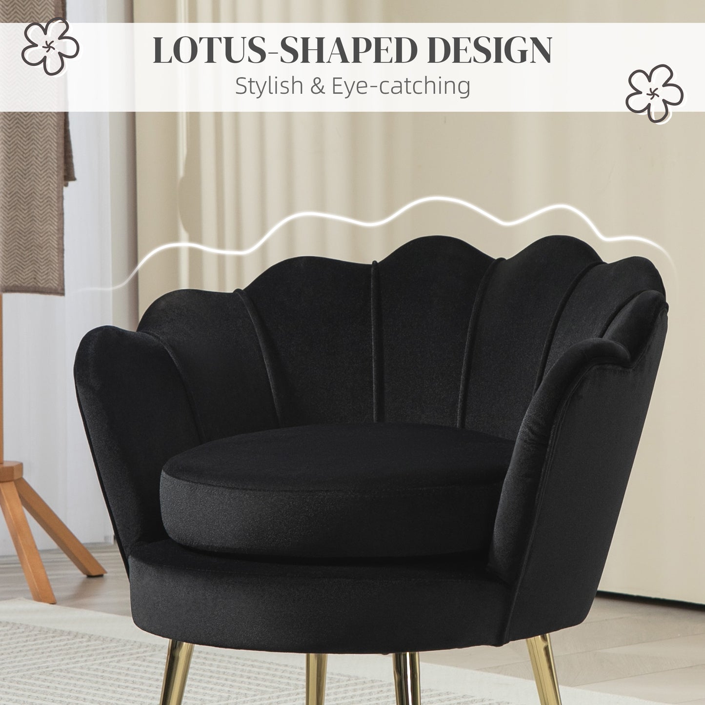 Modern Velvet Accent Chair with Lotus Backrest and Gold Legs, Black