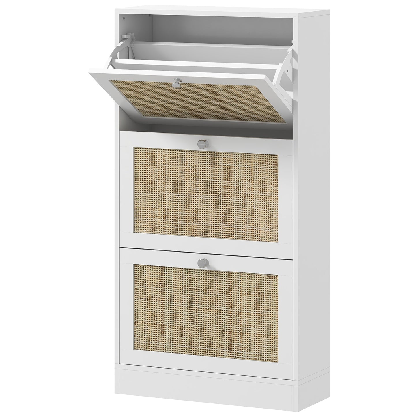 Rattan Front Shoe Cabinet with 3 Flip Drawers for 18 Pairs, White