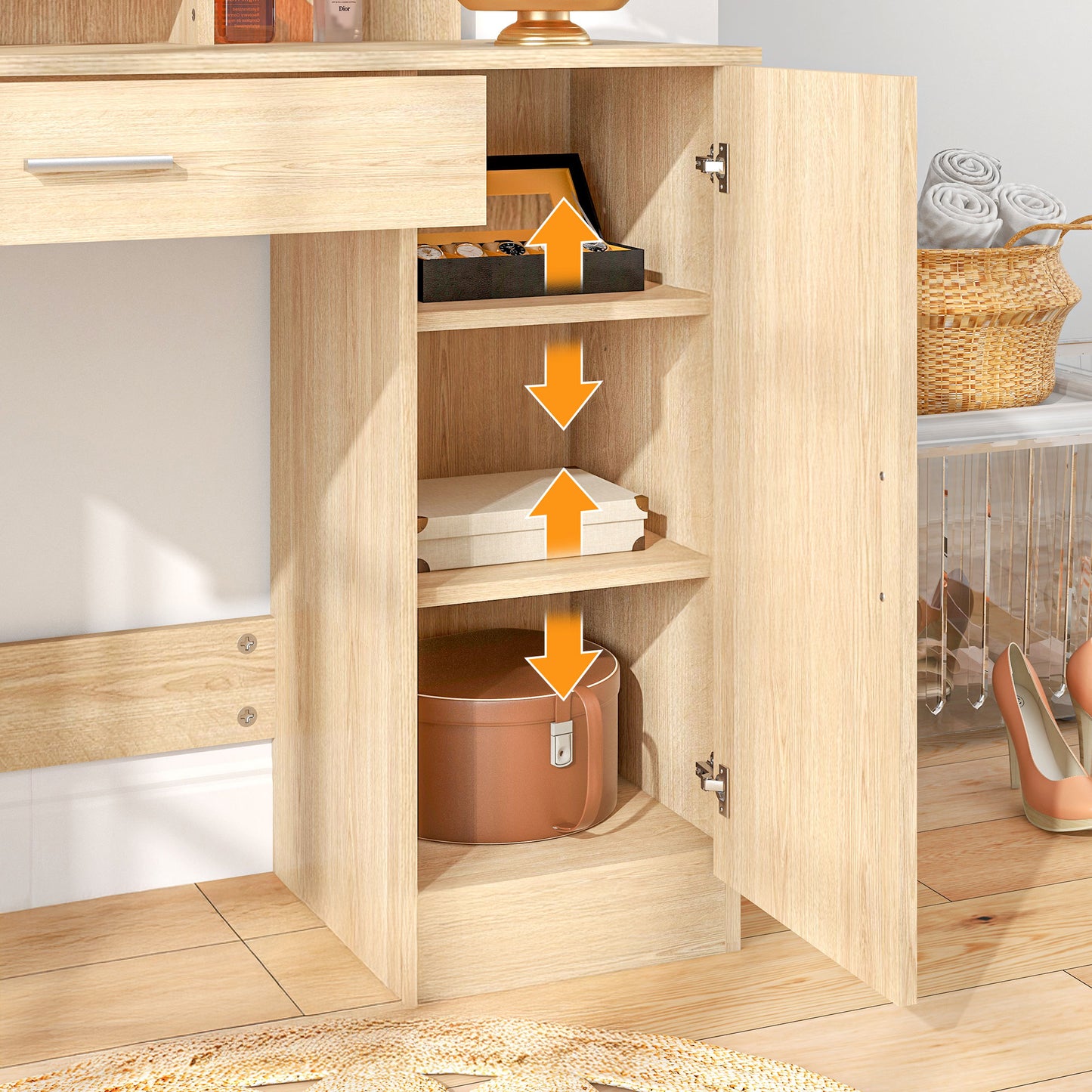 Dressing Table with Mirror, Drawer and Storage Shelves