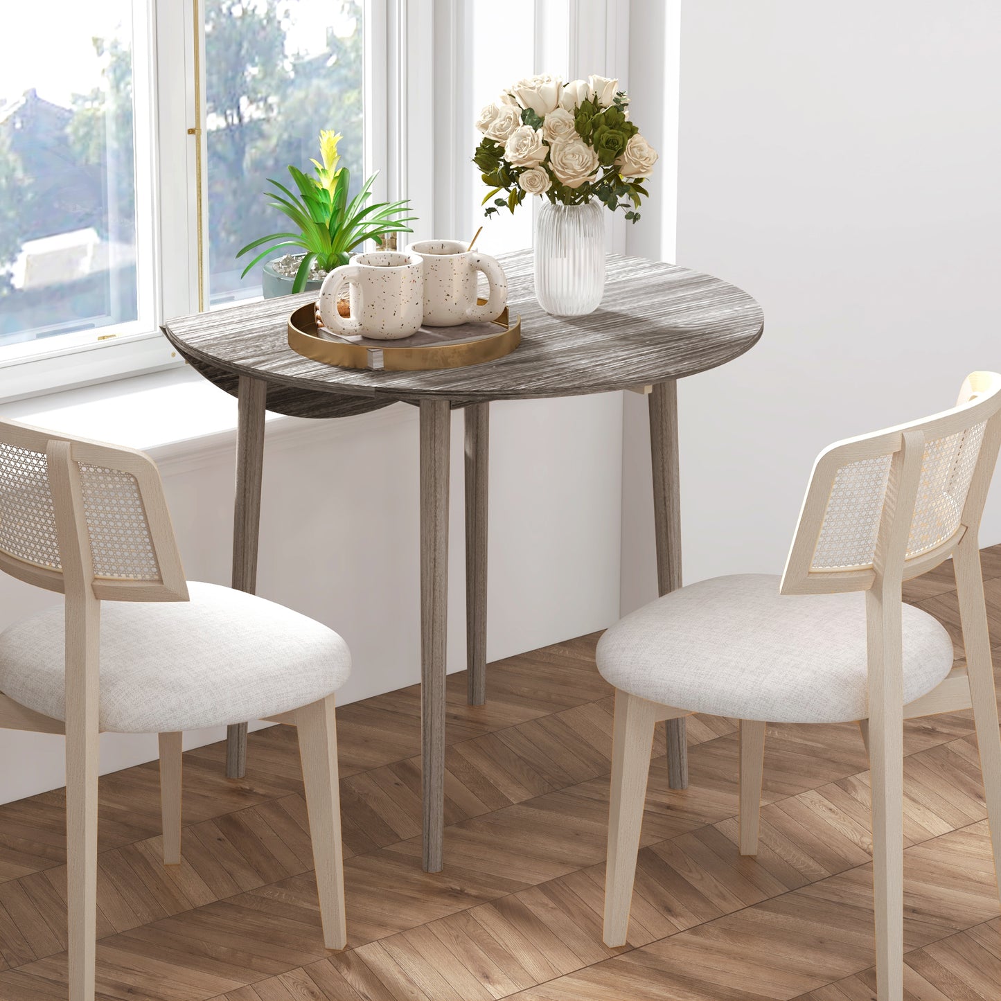 Grey Round Folding Kitchen Table with Drop Leaf