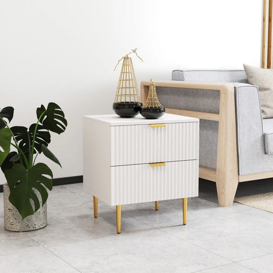 Modern Nightstand with Gold Finger Pulls and Fluted Drawers, White