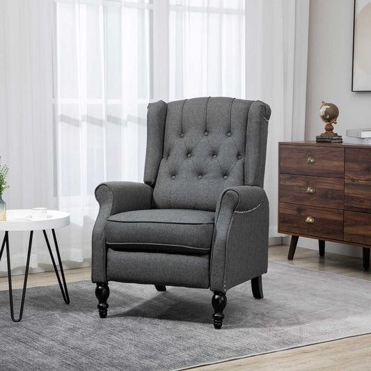 Manual Reclining Chair with Button Tufted Backrest, Dark Grey