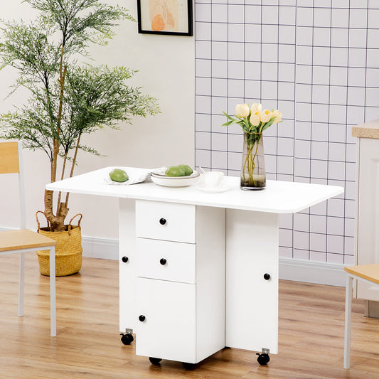 Rolling Dining Table with Storage Drawers and Cabinet - White
