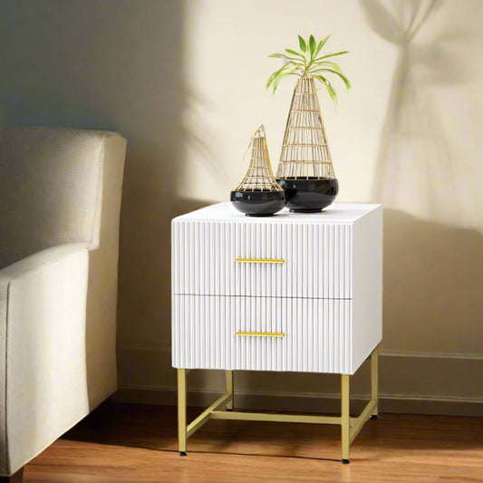 Modern Fluted Nightstands with Gold Legs and 2 Drawers, White (Set of 2)