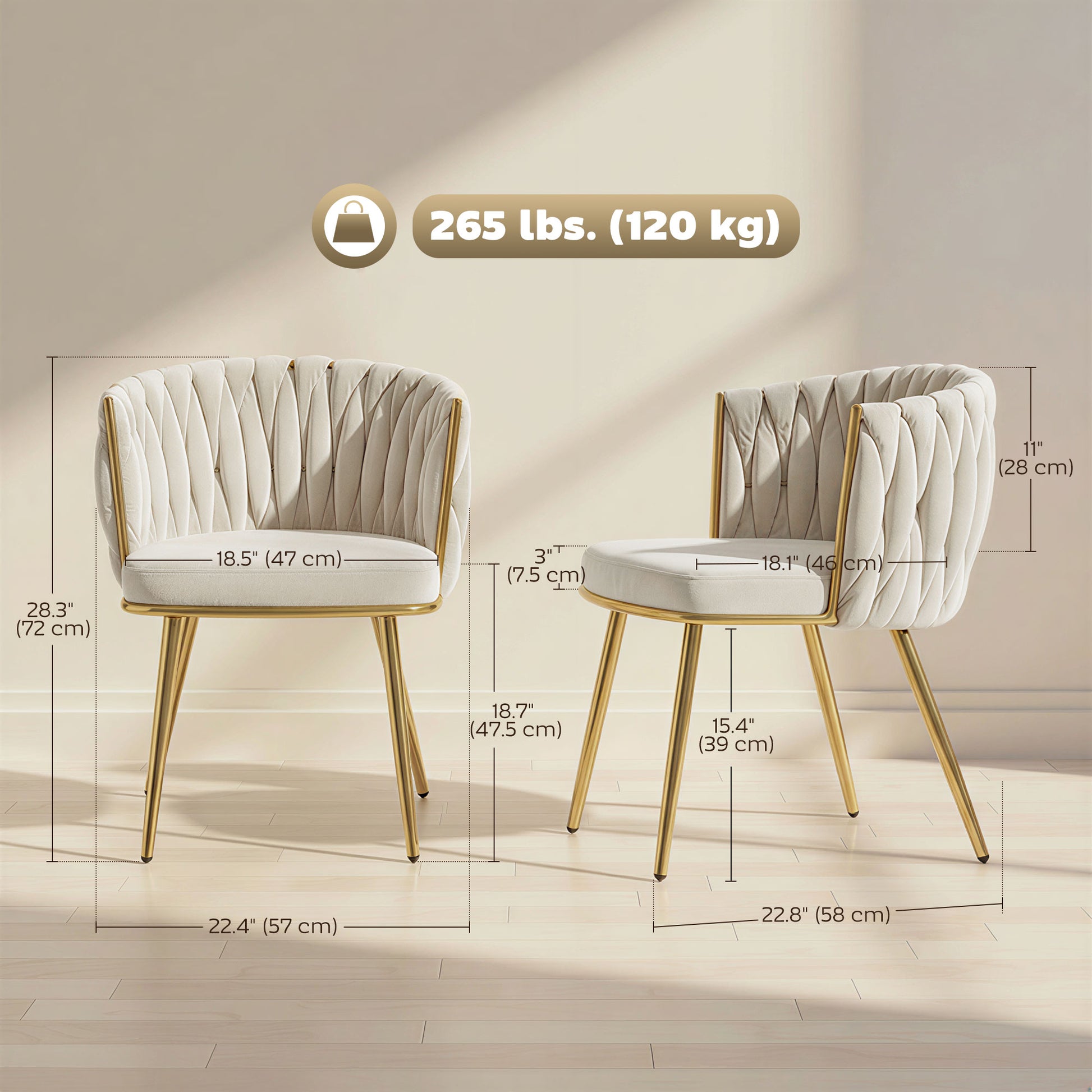 Upholstered Dining Chairs with Woven Backrest, Cream White (Set of 2)
