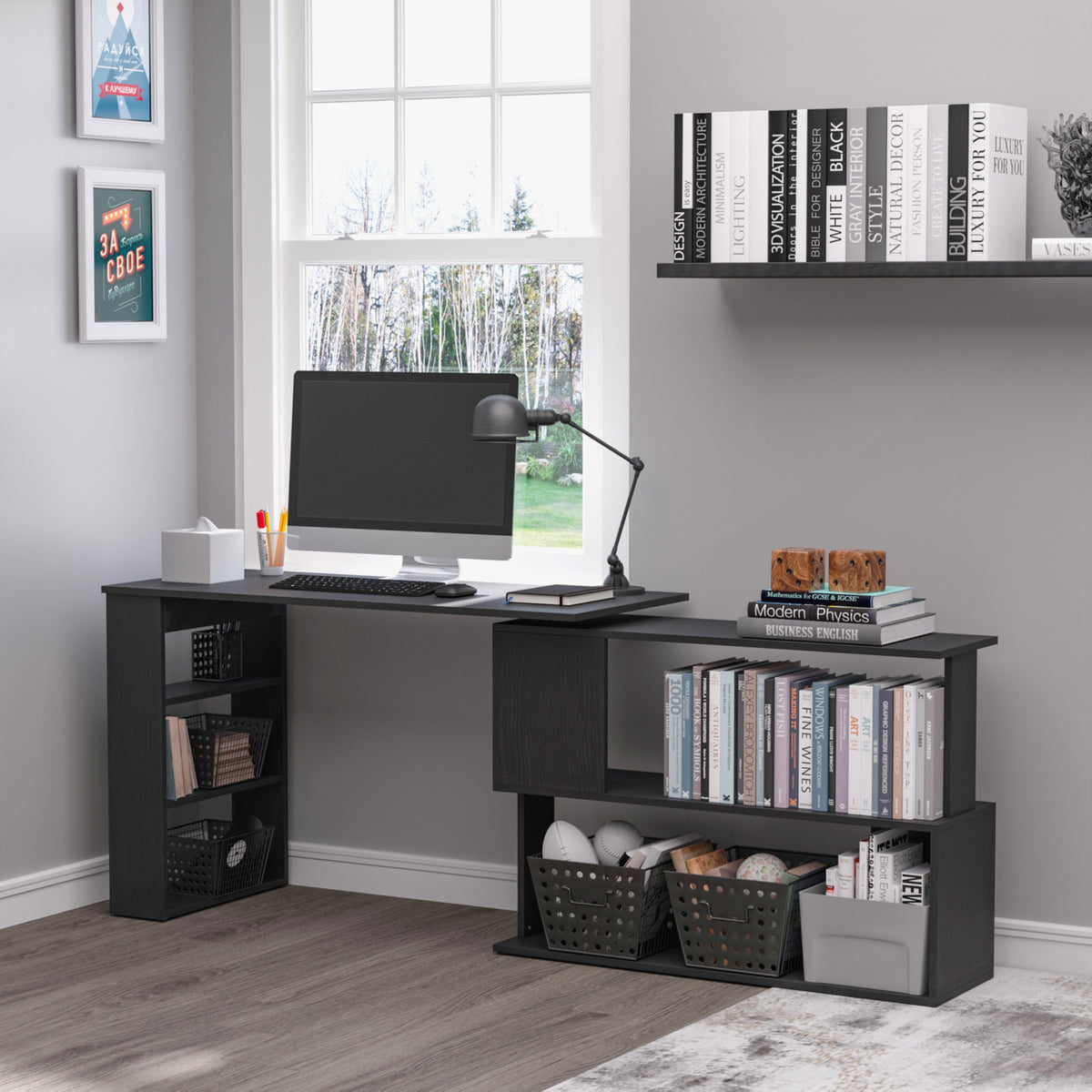 Rotating L-Shaped Computer Desk with Storage Shelves, Black