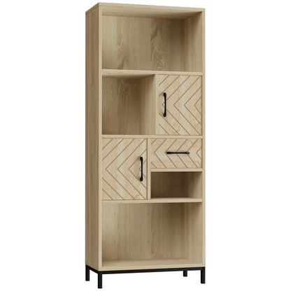 59" Storage Bookcase with Cabinets and Drawer, Natural Wood