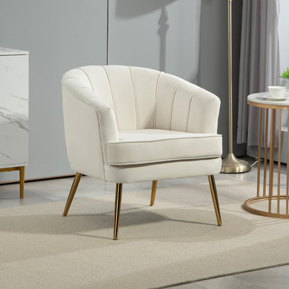 Channel-Tufted Tub Armchair with Upholstery and Gold Legs, Cream