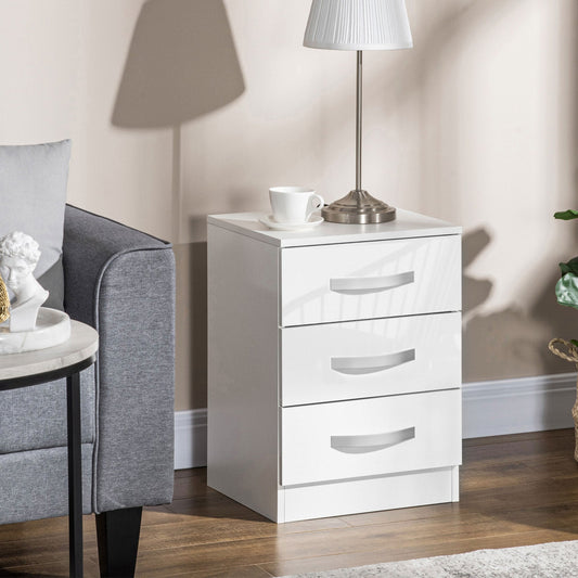 Modern High Gloss Nightstands with 3 Drawers, White (Set of 2)