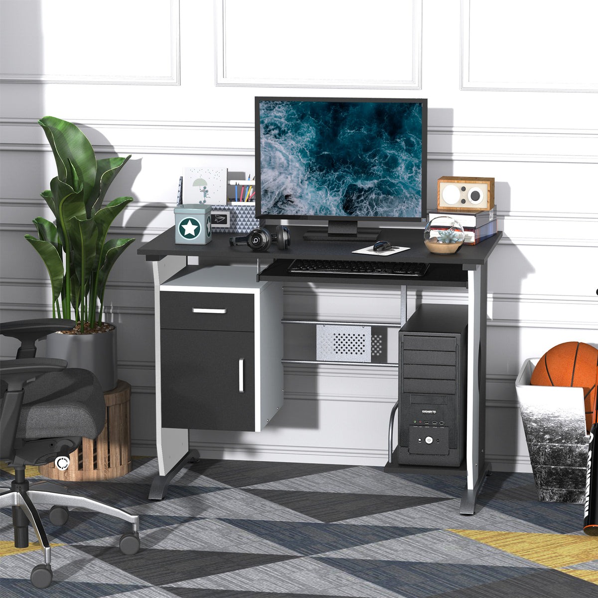Computer Desk with Keyboard Tray and CPU Stand, Black and White