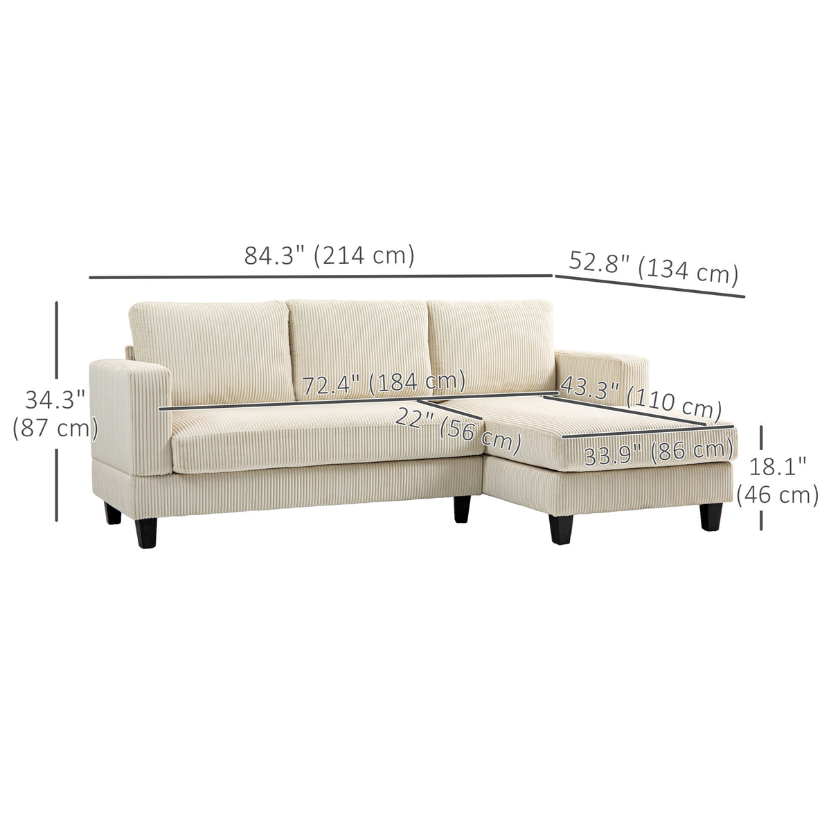 L-Shaped Sofa with Chaise Lounge, Beige