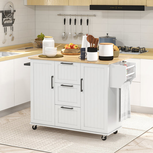 Rolling Kitchen Cart with Drop Leaf, 3 Drawers and Solid Wood Top, White