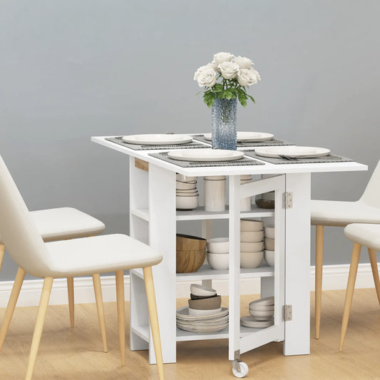 Folding Dining Table with Built-In Storage Shelves - White