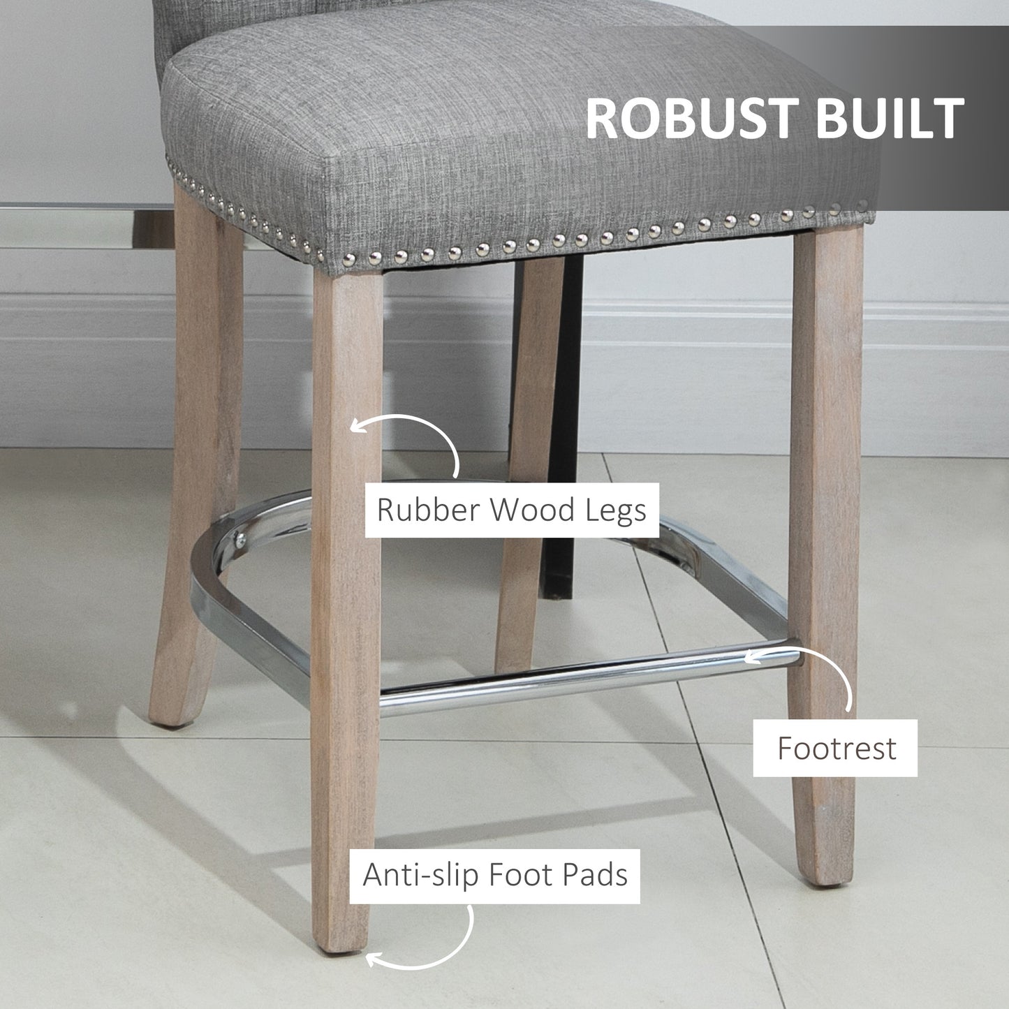 Upholstered Counter Stools with Button Tufted Back and Wood Legs, Gray (Set of 2)