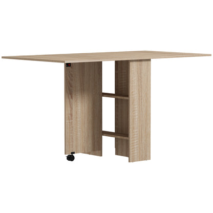 Extendable Dining Table with Storage Shelves and Rolling Wheels - Natural Wood