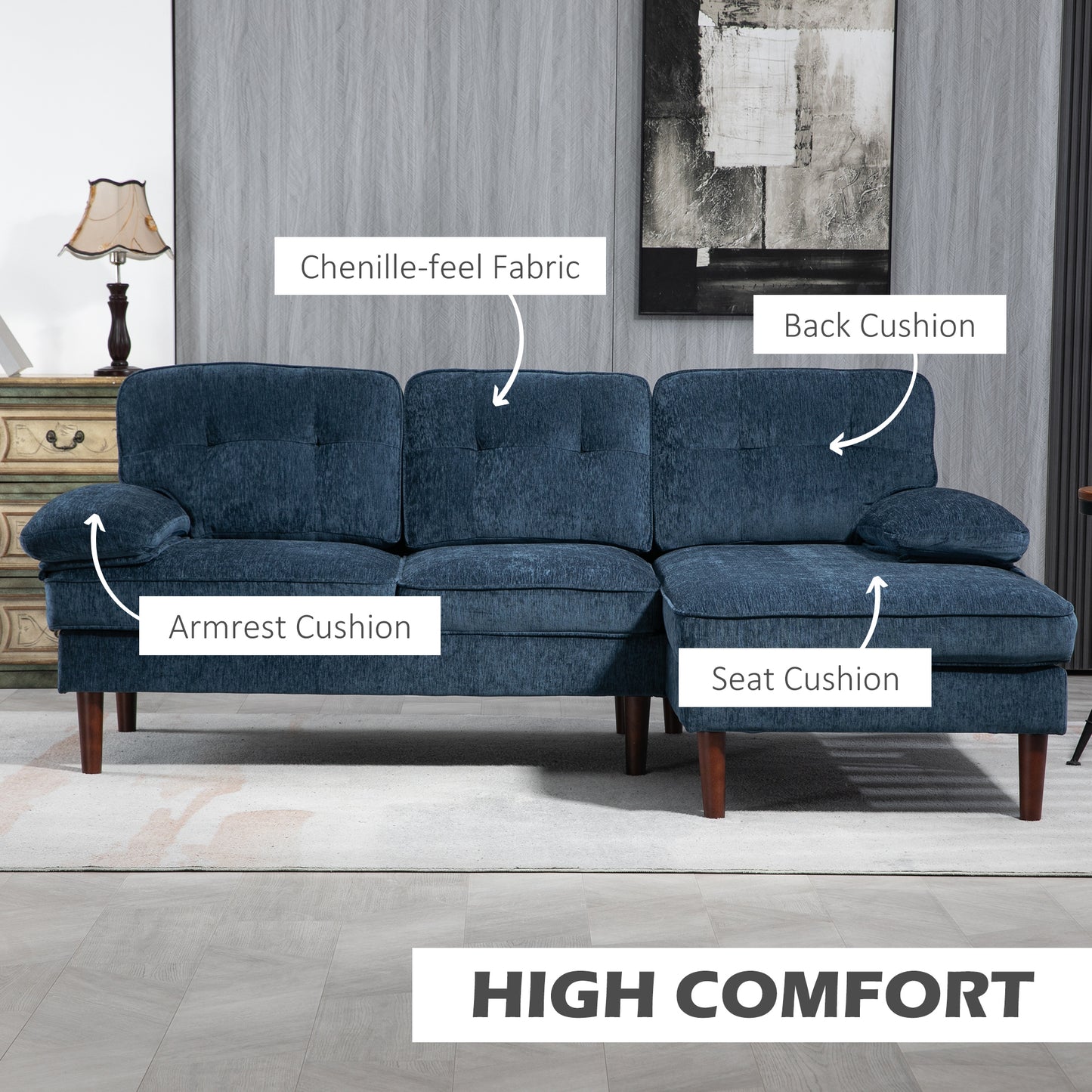 Tufted L-Shaped Corner Sofa with Right Chaise Lounge, Navy Blue