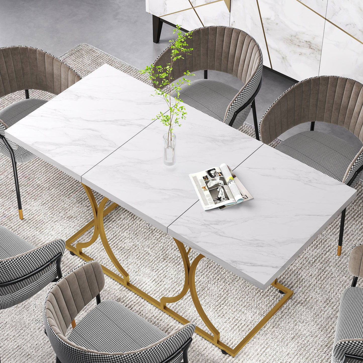 59" Dining Table with Marble Pattern and Metal Pedestal - White