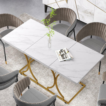 59" Dining Table with Marble Pattern and Metal Pedestal - White
