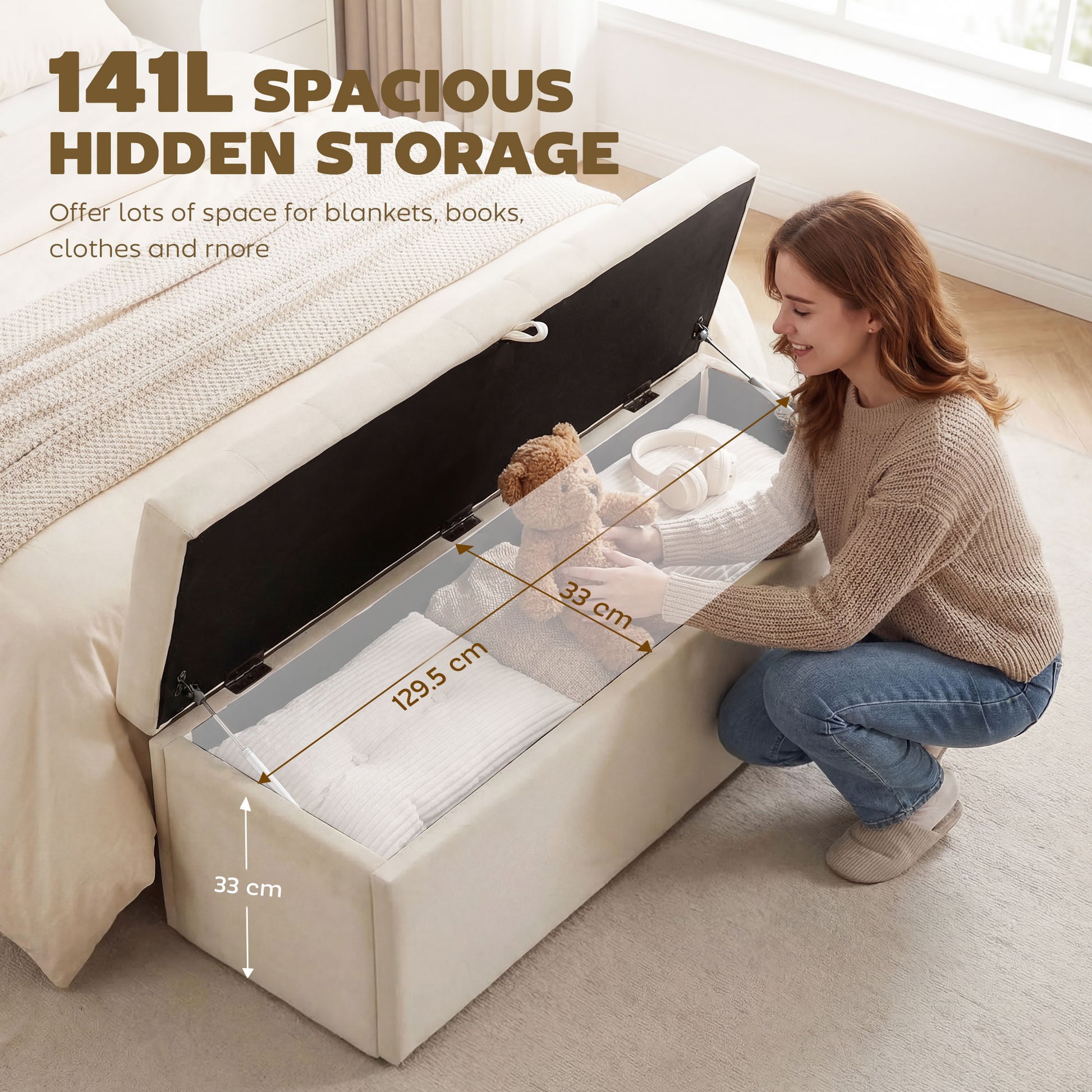 Upholstered Storage Bench with Wood Legs, Beige