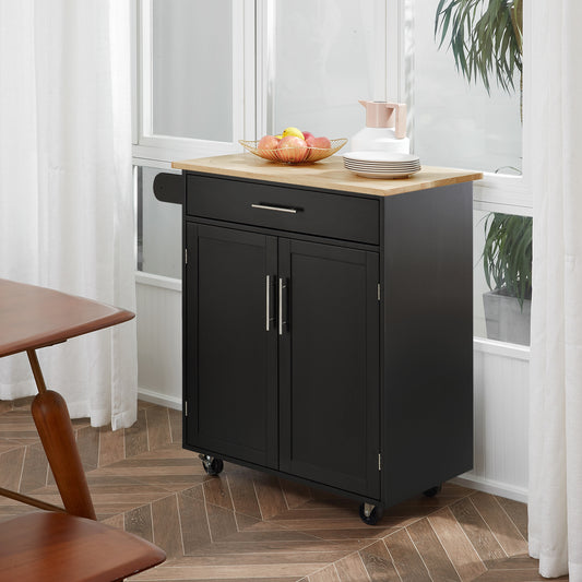 Rolling Kitchen Island Cart with Wood Top, Storage Drawer and Towel Rack, Black