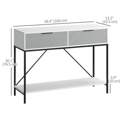39" Modern Console Table with Herringbone Pattern Drawers, White