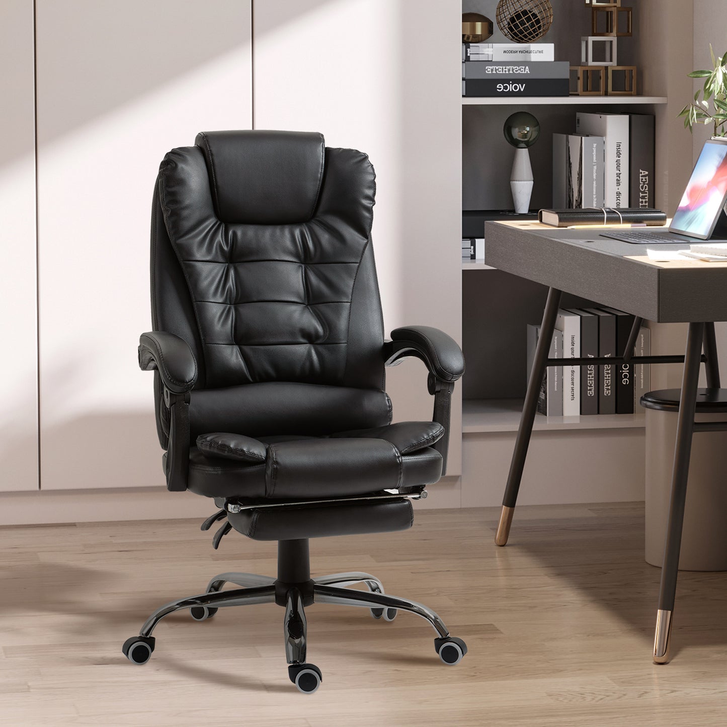 High Back PU Leather Executive Office Chair with Retractable Footrest, Black