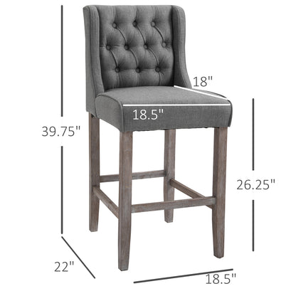 Upholstered Bar Stools with Tufted Nailhead Trim and Wood Legs, Gray (Set of 2)