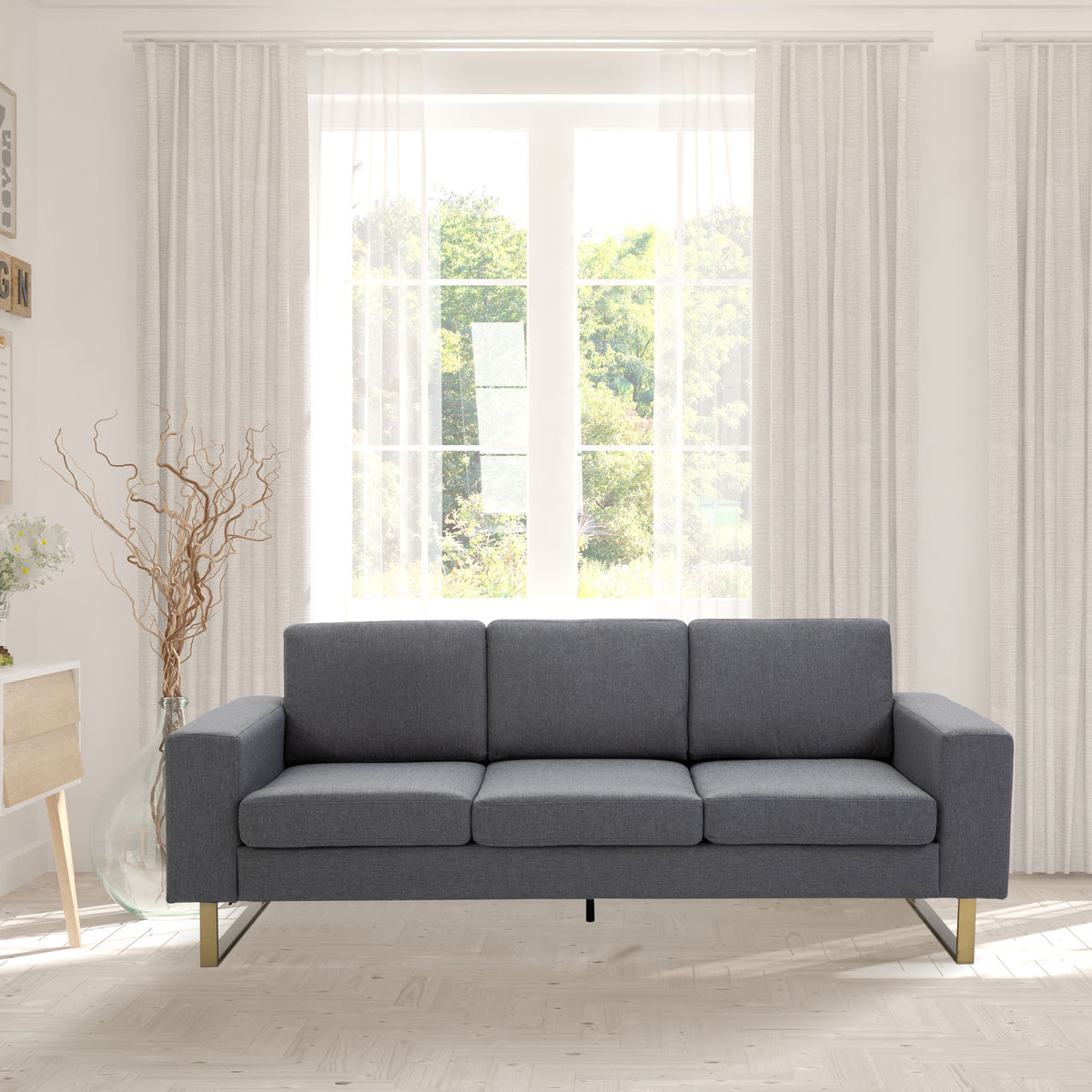 Modern Three-Seat Linen Sofa with Steel Legs, Grey