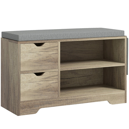 Upholstered Shoe Storage Bench with Drawer and Shelves, Grey