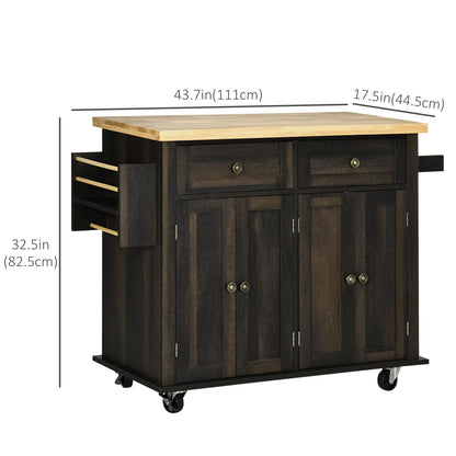 Rolling Kitchen Trolley with Rubber Wood Top and Spice Rack and Towel Rack, Brown