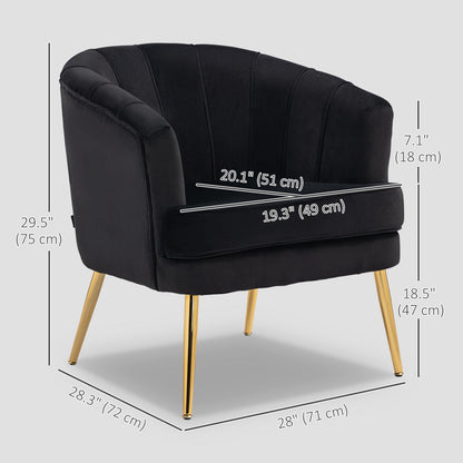 Channel-Tufted Tub Armchair with Velvet Upholstery and Gold Legs, Black