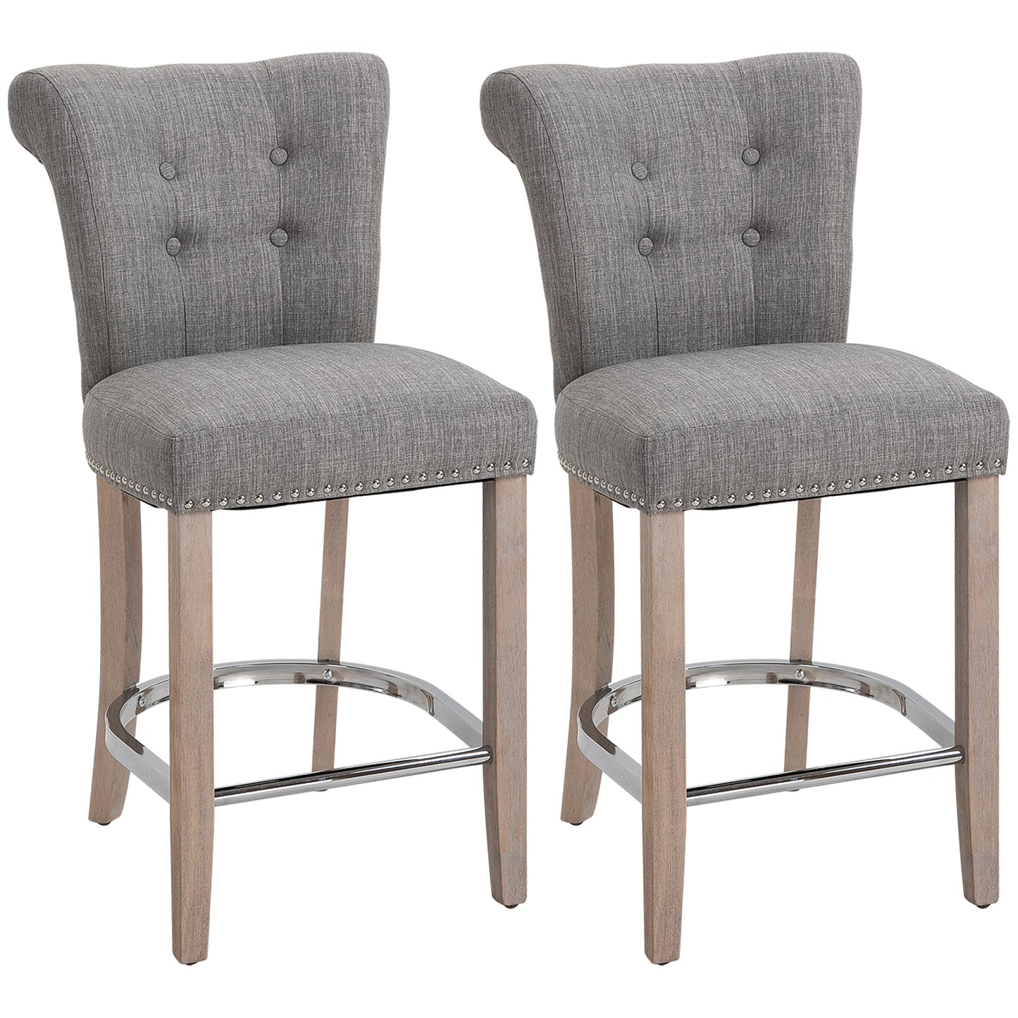 Upholstered Counter Stools with Button Tufted Back and Wood Legs, Gray (Set of 2)