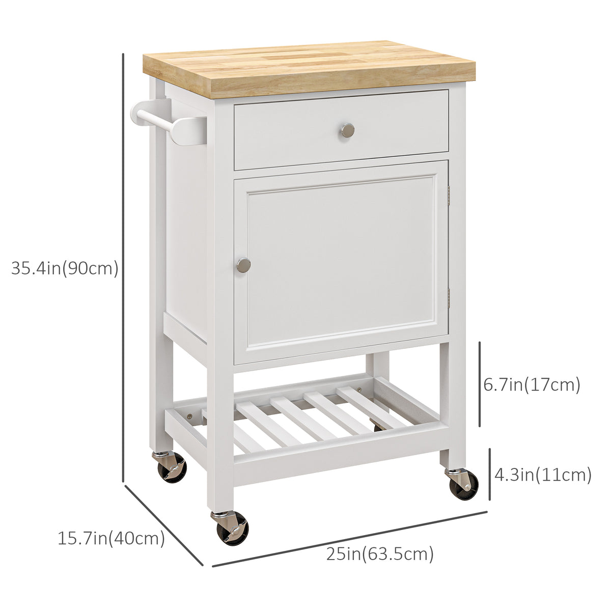 Rolling Kitchen Island Cart with Wood Top and Towel Rack and Drawer, White