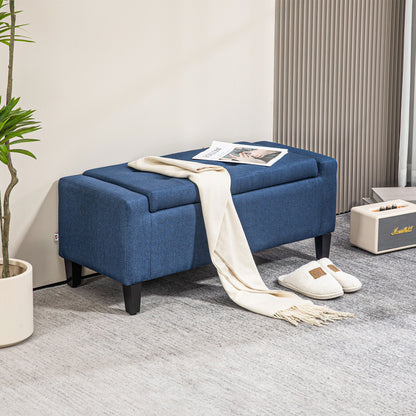 Linen Upholstered Storage Ottoman Bench with Tufted Design, Dark Blue