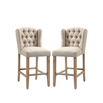 Upholstered Bar Stools with Tufted Nailhead Trim and Wood Legs, Beige (Set of 2)