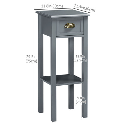 Narrow Tall Side Tables with Drawer and Shelf, Gray (Set of 2)