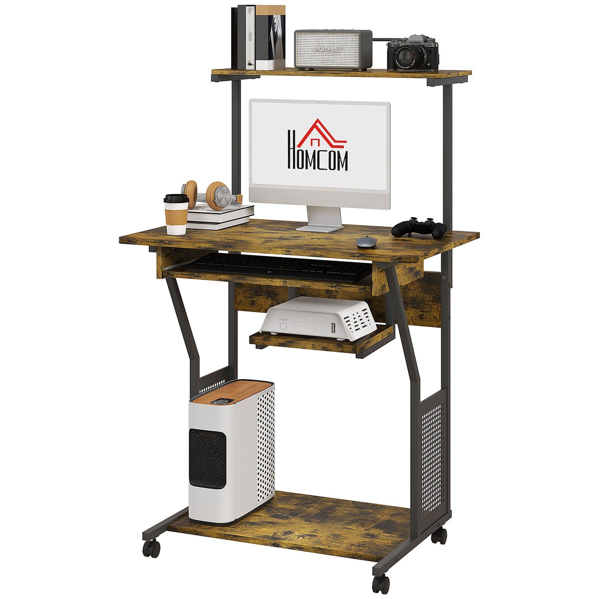 32" Mobile Computer Desk with Keyboard Tray and Shelves, Rustic Brown
