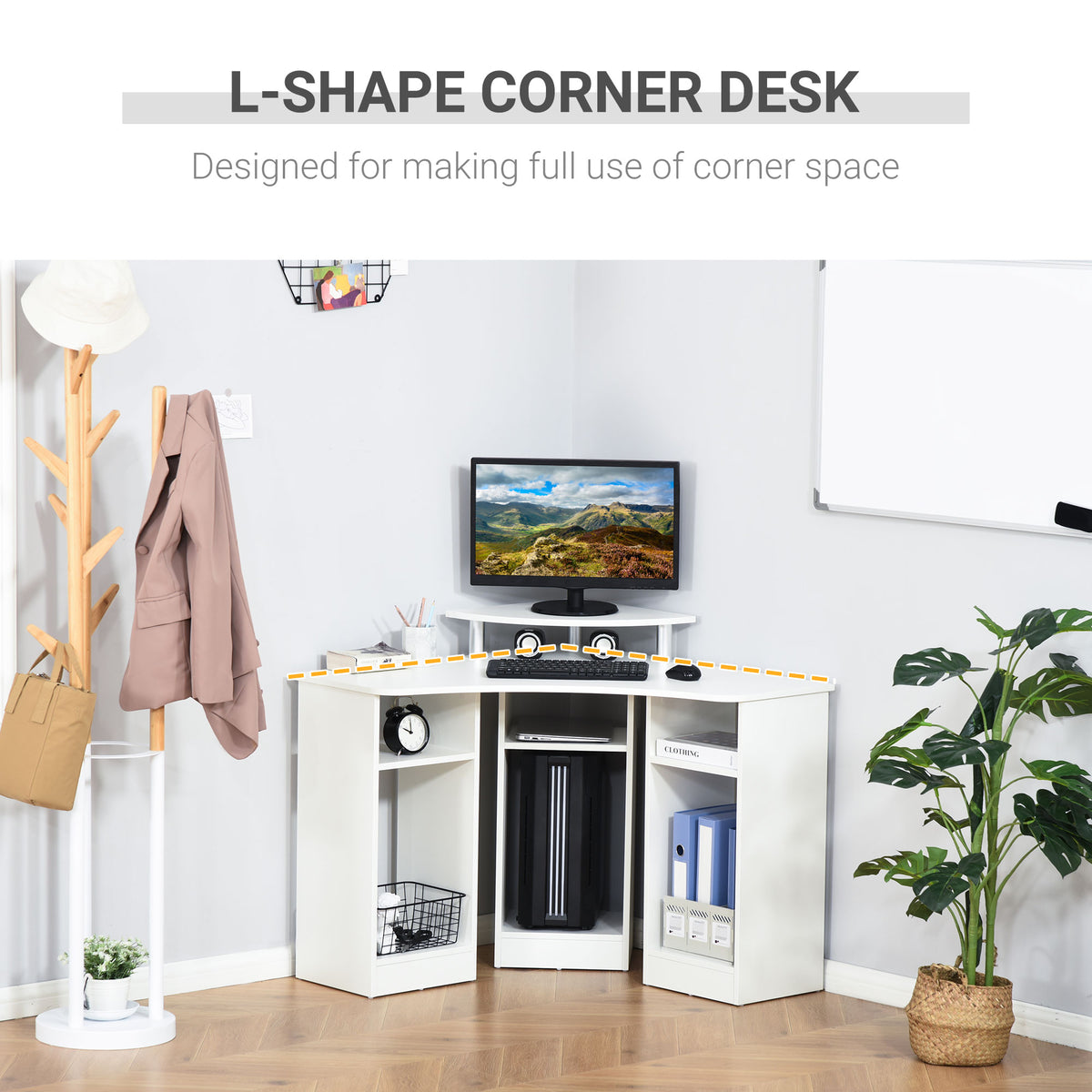 35" L-Shaped Computer Desk with Monitor Stand and Shelves, White