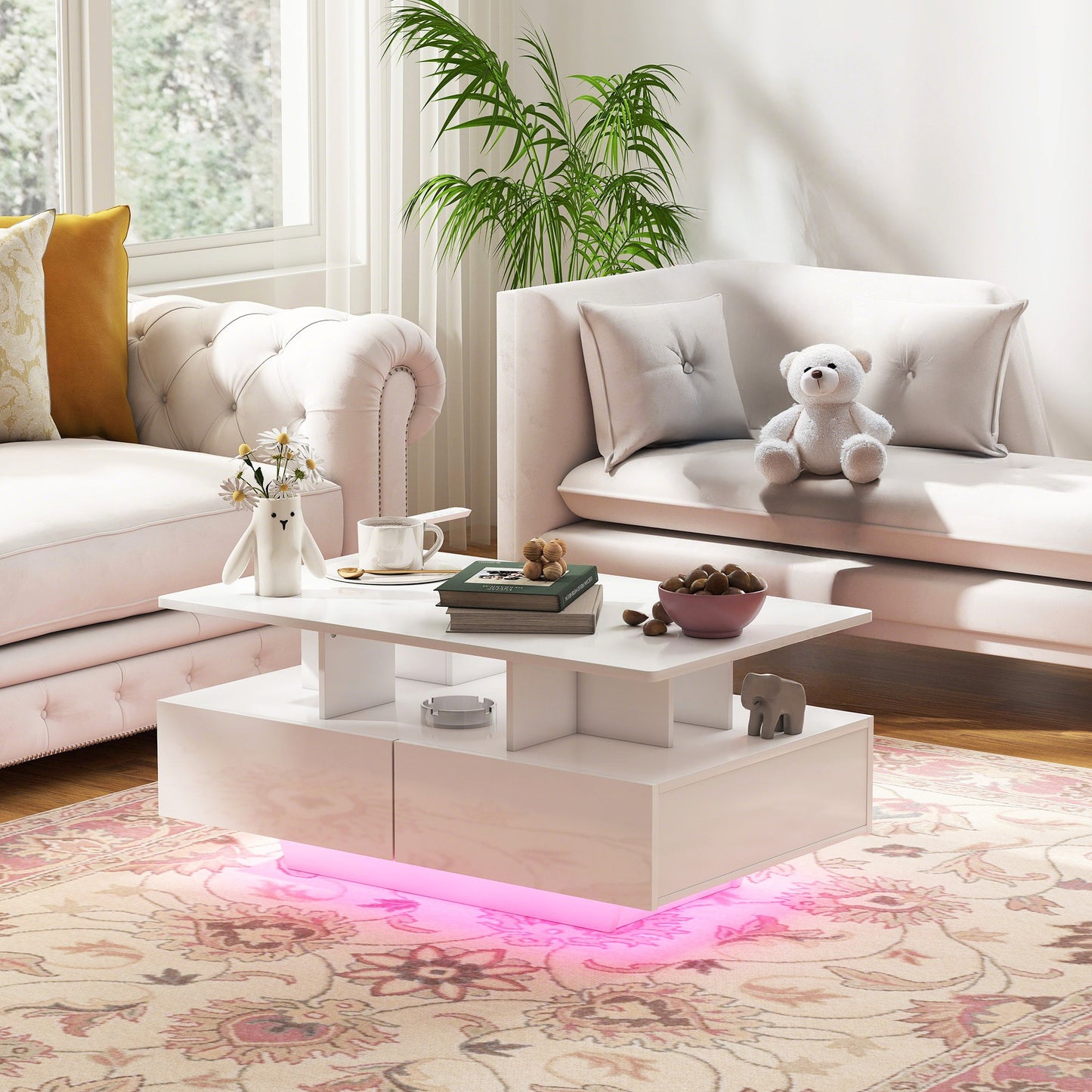 RGB LED Coffee Table with 4 Drawers, High Gloss White