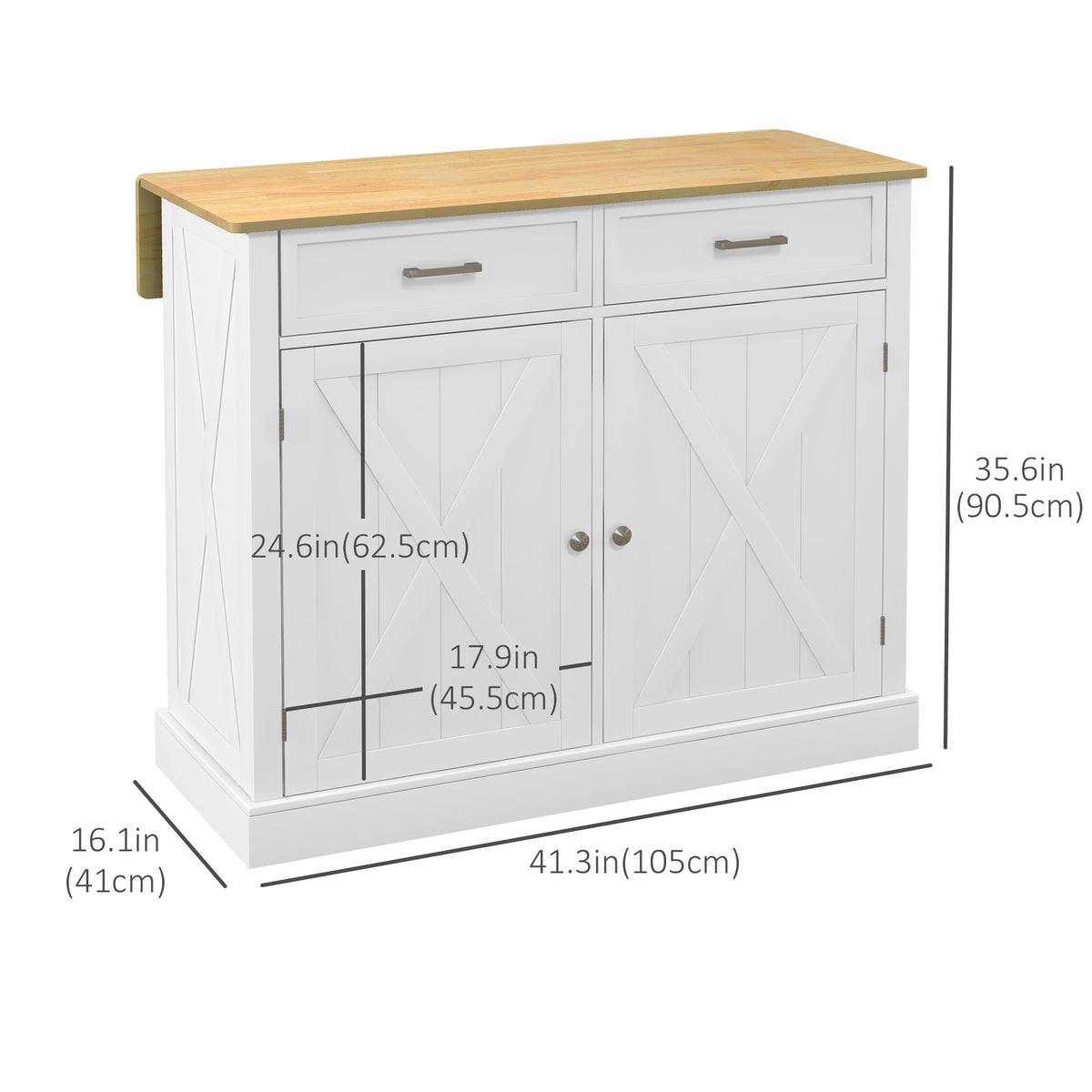 Rolling Kitchen Island Cart with Drop Leaf and Breakfast Bar and 2 Drawers, White