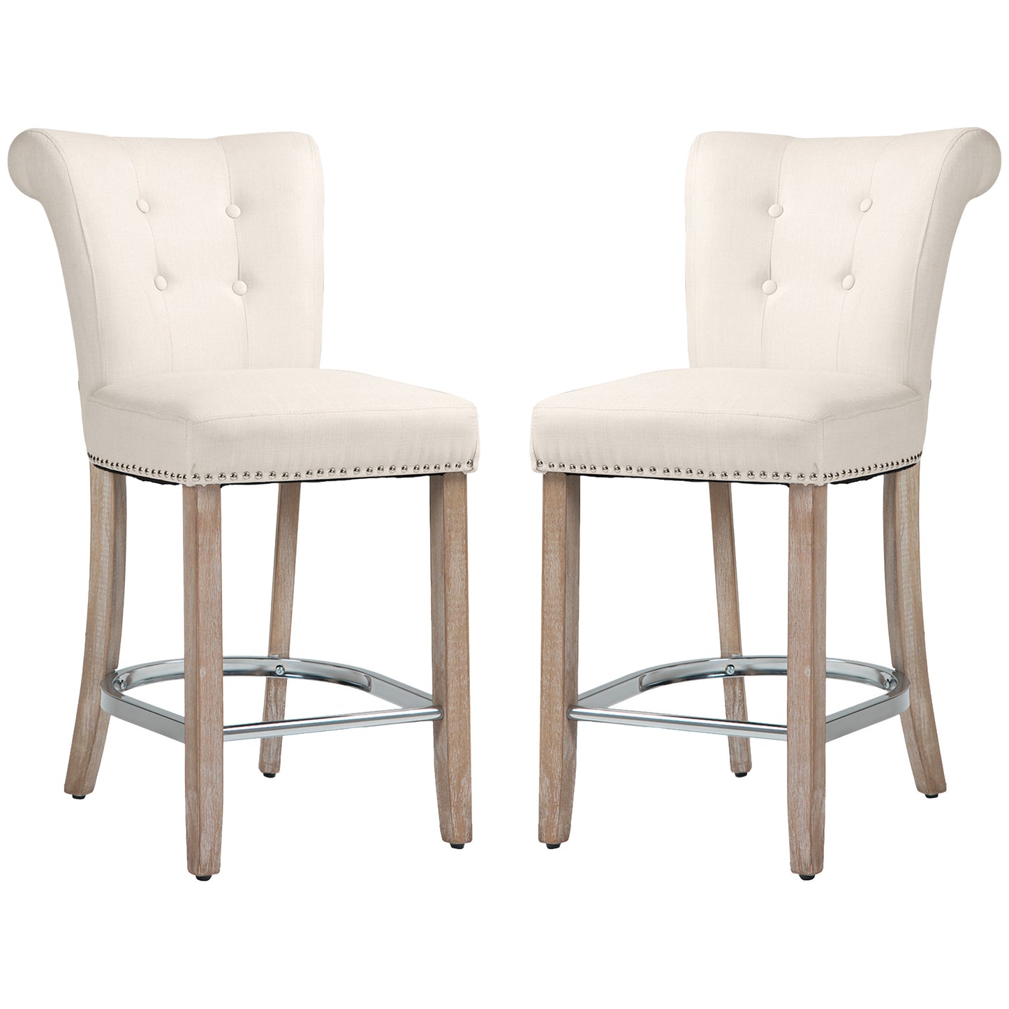 Upholstered Counter Stools with Button Tufted Back and Wood Legs, Cream White (Set of 2)