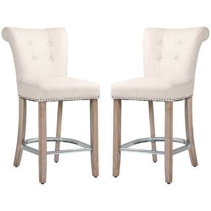 Upholstered Counter Stools with Button Tufted Back and Wood Legs, Cream White (Set of 2)