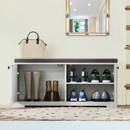 Padded Shoe Storage Bench with 4 Compartments for 8 Pairs, Light Grey